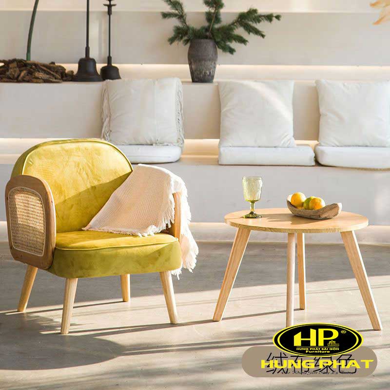 Sofa đơn màu vàng chân gỗ