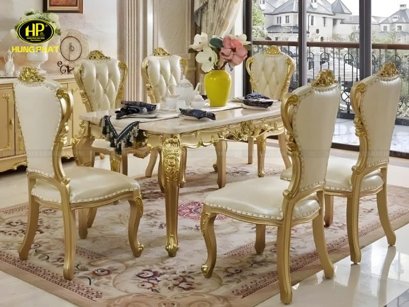 bàn ăn 6 ghế mặt đá gỗ sồi h-10