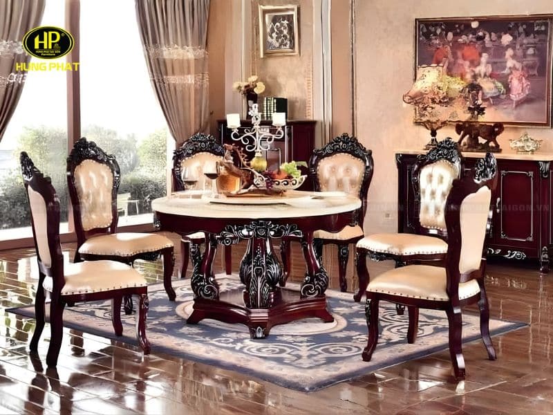 bộ bàn ăn tròn tân cổ điển 6 ghế yz-818