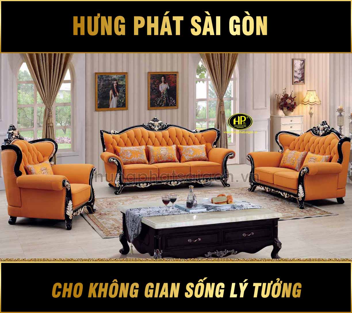 Ghế Sofa Tân Cổ Điển Màu Cam Sang Trọng H-898
