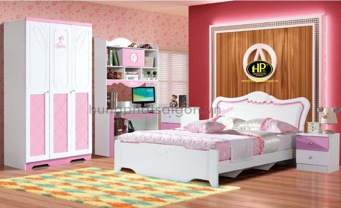 Bộ giường tủ bàn học màu hồng cho bé gái AT-914