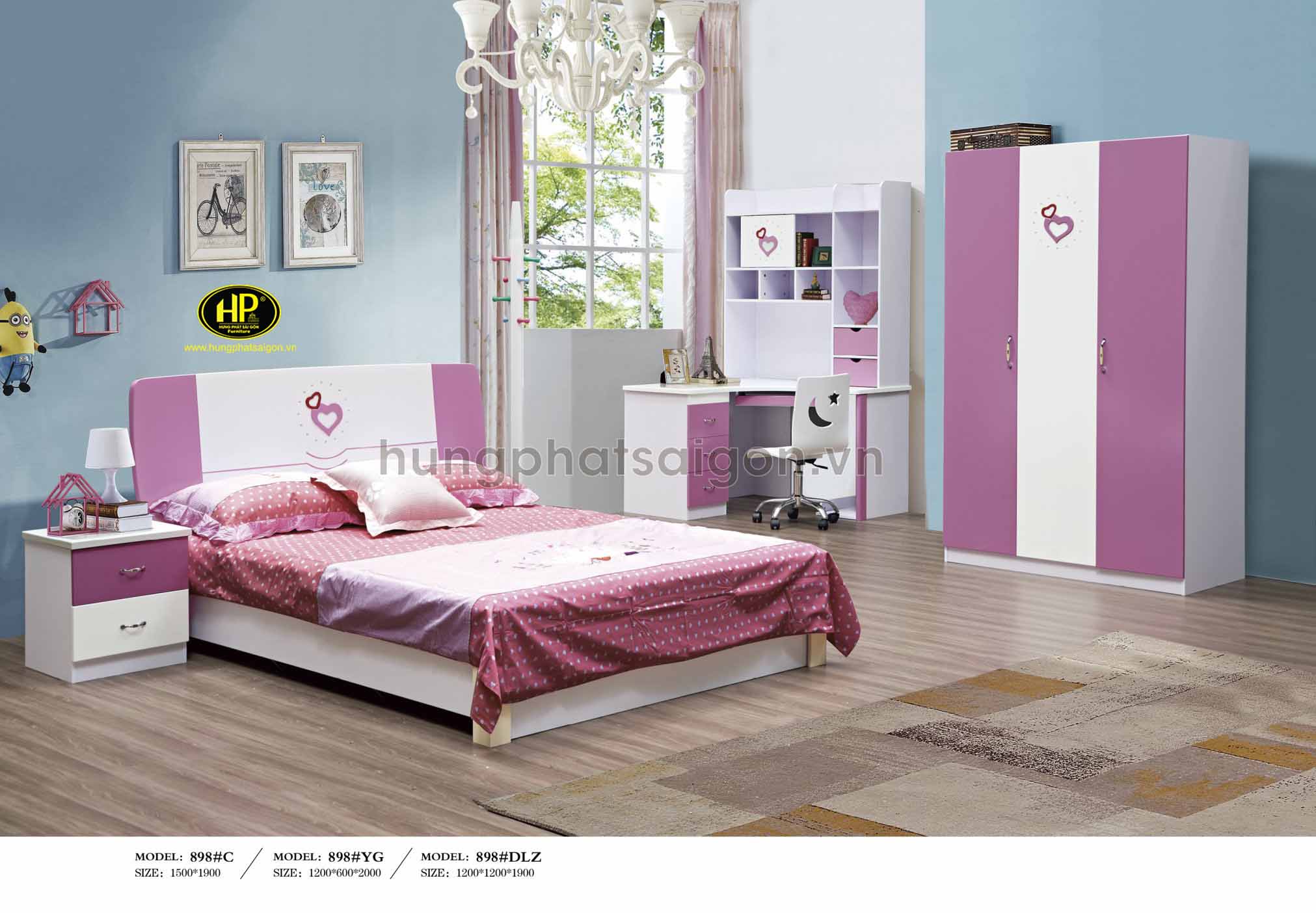 Trọn bộ giường tủ bàn phấn màu hồng TP-898