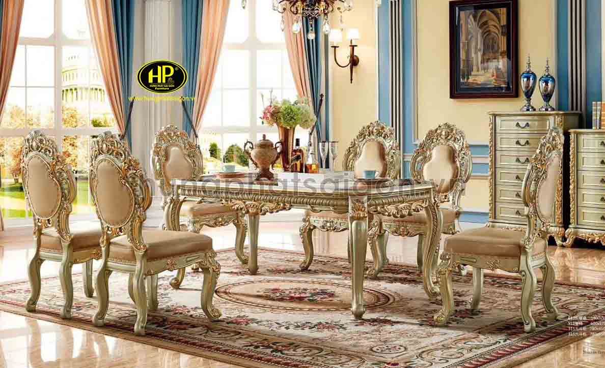 Bàn ăn tân cổ điển với thiết kế sang trọng, đẳng cấp là sự lựa chọn hoàn hảo cho gia đình bạn