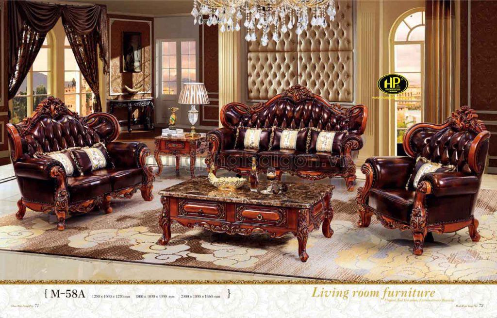 Chất liệu được sử dụng thường là khung gỗ tự nhiên kết hợp với da bò cao cấp, vải nỉ hoặc vải nhung