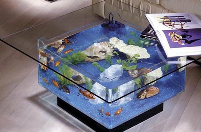 mẫu bàn trà kết hợp hồ cá phong thủy