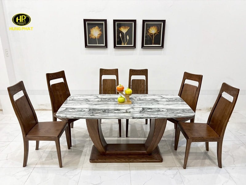 bộ bàn ăn gỗ tự nhiên mặt đá tm-10