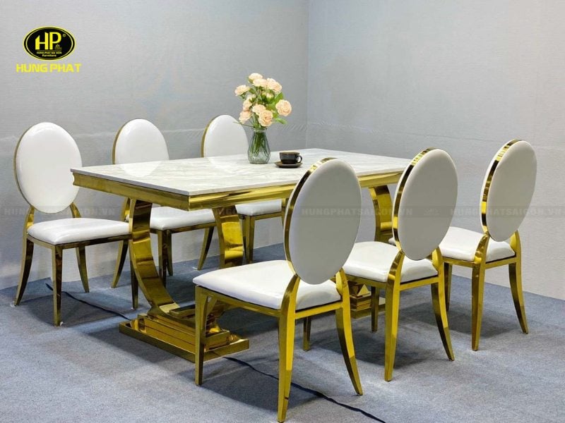 combo bàn ăn victoria mạ vàng mặt trắng vp-118