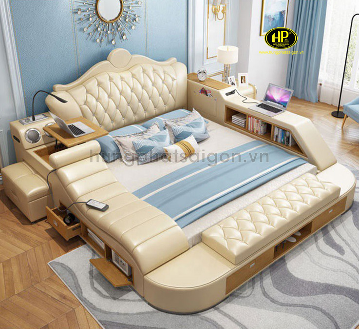 Giường ngủ hộc kéo thường được làm bằng chất liệu da công nghiệp hoặc da thật, kiểu dáng sang trọng