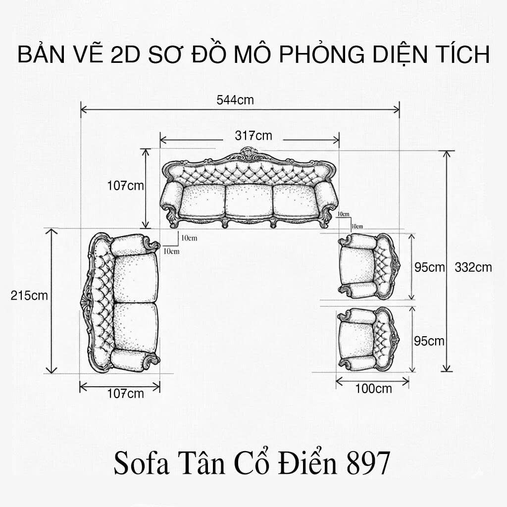 bản vẽ 2d sơ đồ mô phỏng diện tích bộ sofa tân cổ điển 897