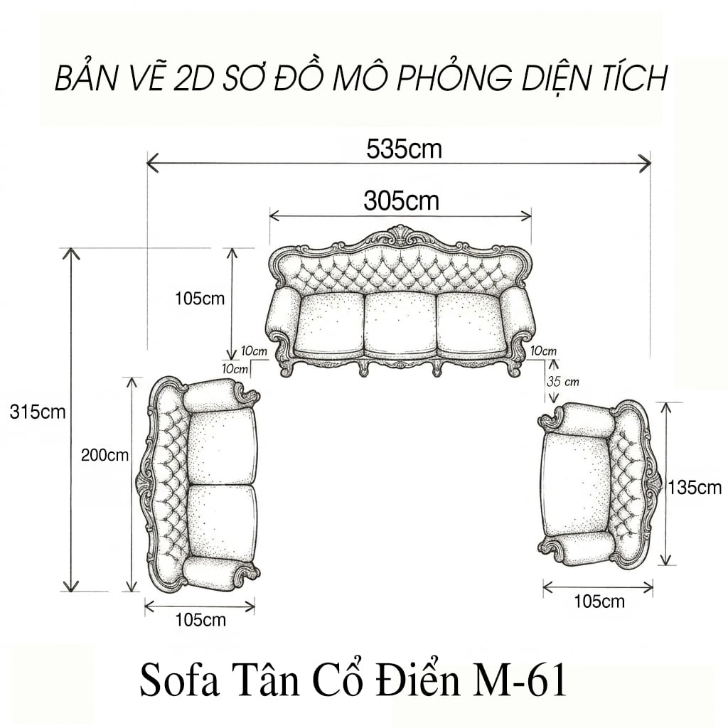 bản vẽ 2d sơ đồ mô phỏng diện tích mẫu sofa tân cổ điển m-61