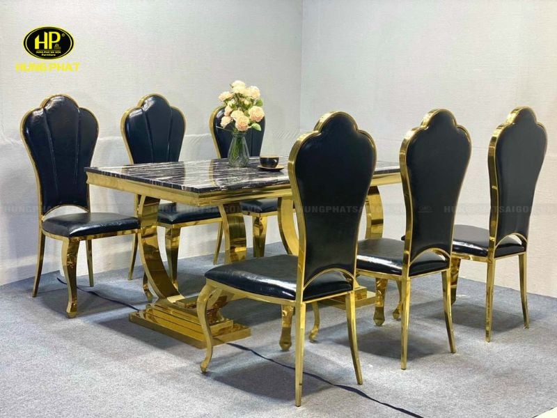 bộ bàn ăn mạ vàng mặt đen hiện đại vp-117