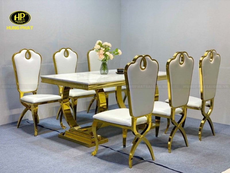 bộ bàn ăn mặt đá chân mạ vàng sang trọng vp-119