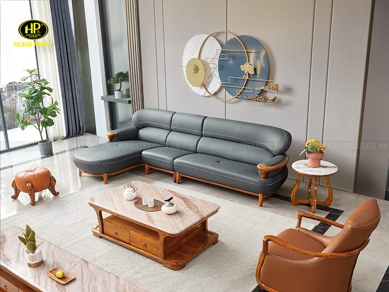 ghế sofa da bò ý gỗ mun hiện đại f012