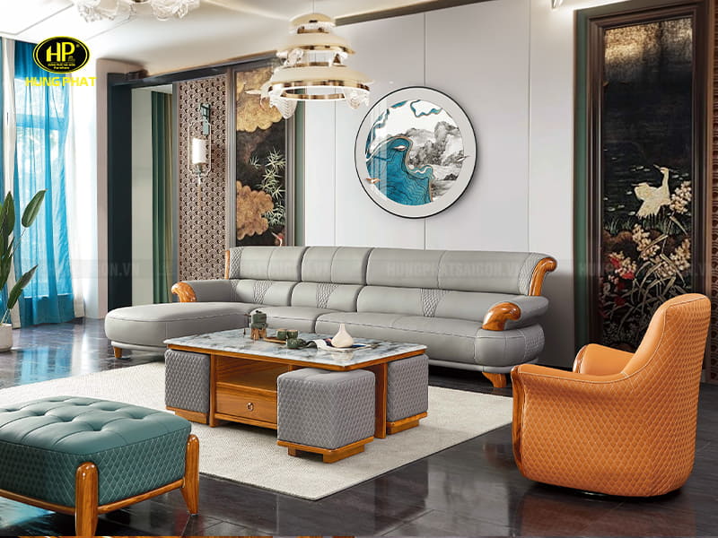 ghế sofa gỗ mun da bò cao cấp f038