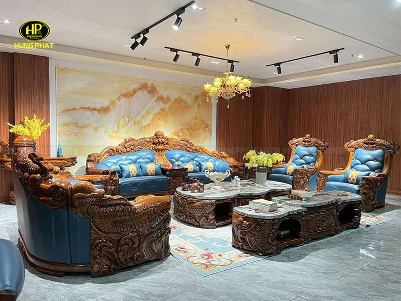 ghế sofa tân cổ điển da bò ý gỗ mun hoàng gia wj210