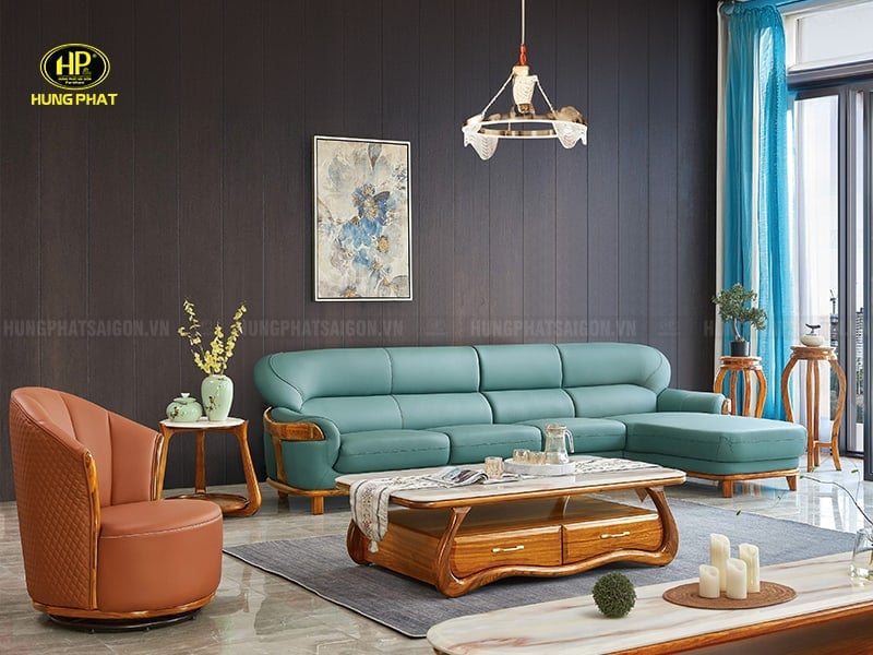 sofa da bò ý viền gỗ mun nam phí f019