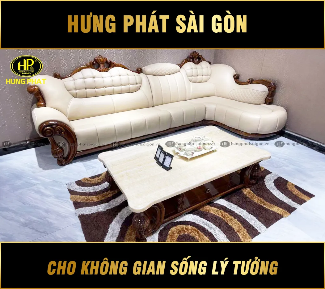 Ghế Sofa Gỗ Mun Da Bò Góc L Nhập Khẩu KU-888 Màu Trắng