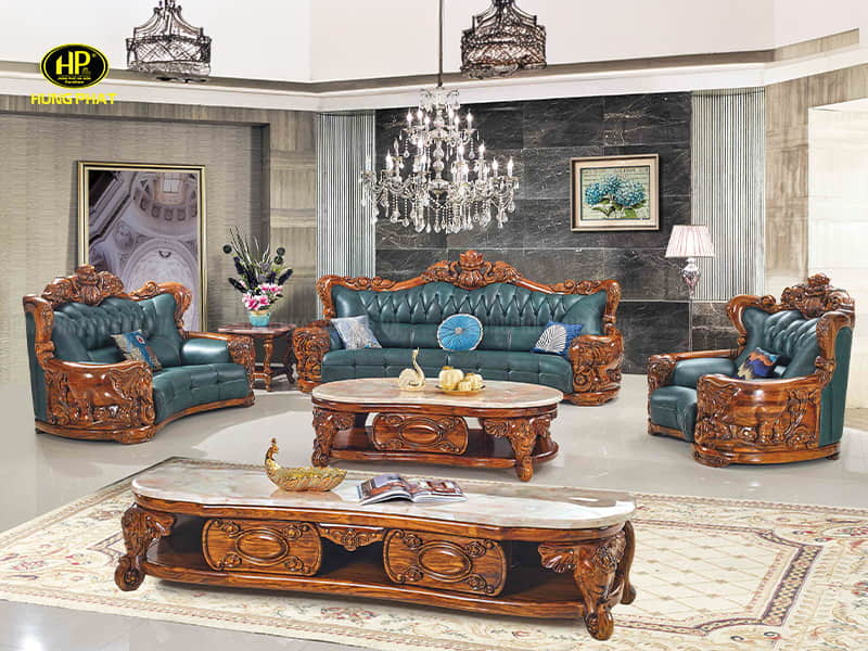 sofa tân cổ điển da bò ý gỗ mun cao cấp b-11
