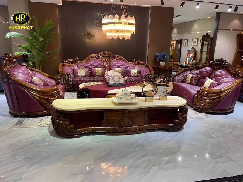 sofa tân cổ điển gỗ mun da bò ý nhập khẩu m-825