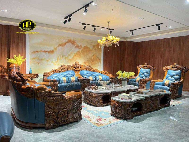Sofa tân cổ điển da bò ý gỗ mun