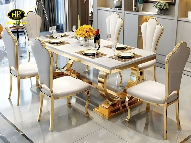 bộ bàn ăn mạ vàng mặt đá hiện đại vp-115