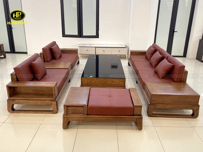 bộ ghế sofa gỗ sồi phòng khách cao cấp hs-60
