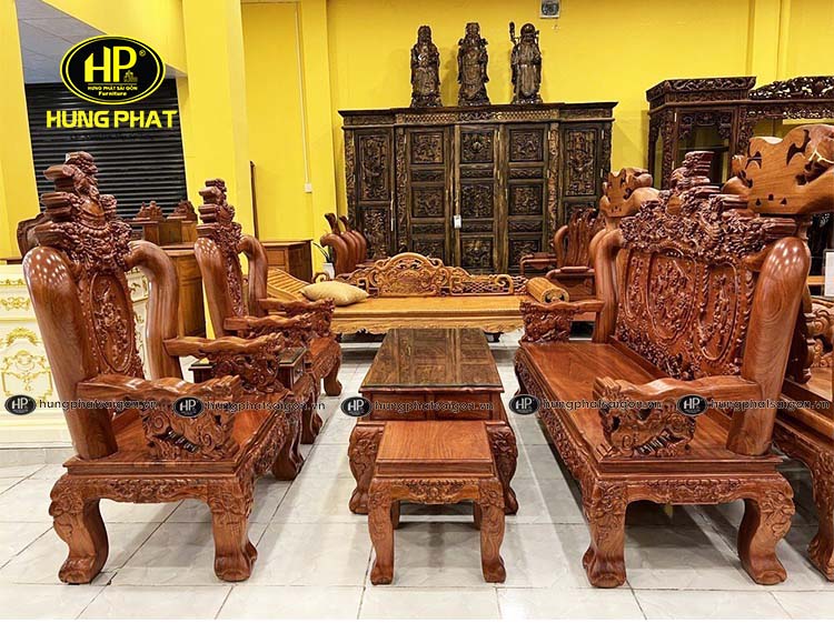 bộ bàn ghế gỗ hương đá chạm khắc con nghê HH-NGHE14