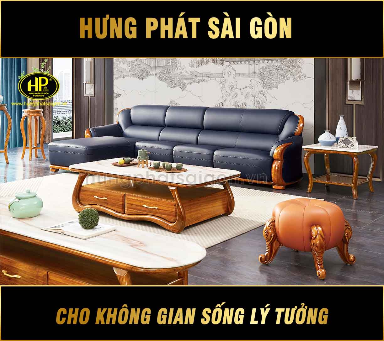 sofa tân cổ điển da bò ý gỗ mun cao cấp F022