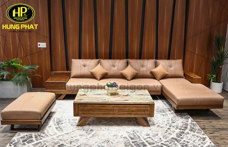 sofa gỗ gõ đỏ da công nghiệp hs-881A