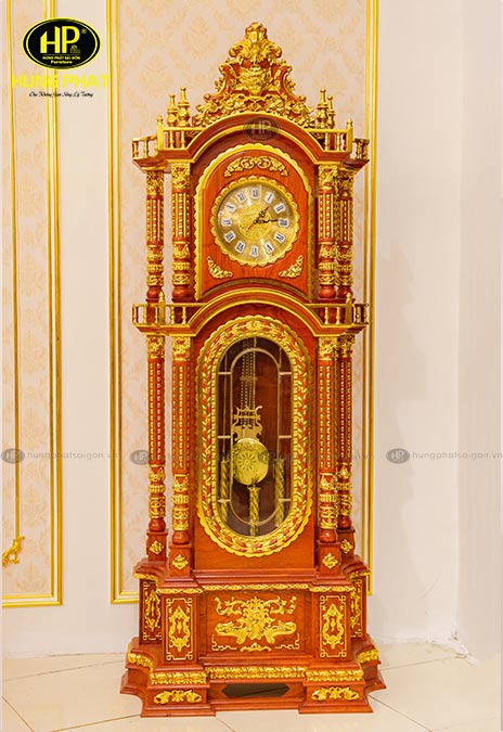 Đồng hồ tứ trụ quả lắc mạ vàng gỗ hương DHH-07