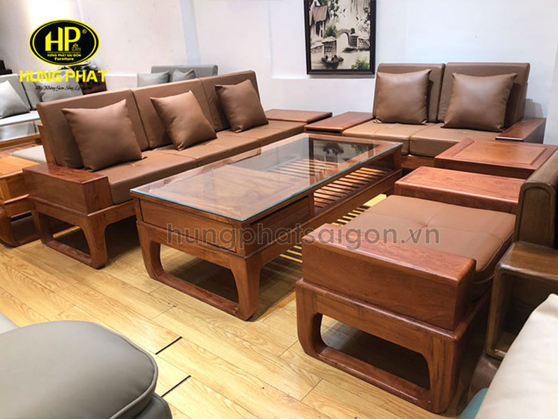 Bộ sofa gỗ bọc da hướng đa chân quỳ