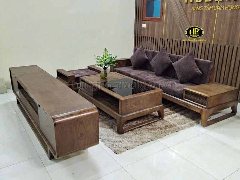 Sofa gỗ sồi màu óc chó đơn giản hs-12