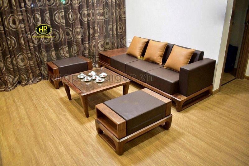 Sofa gỗ sồi Nga màu óc chó đơn giản hs-18