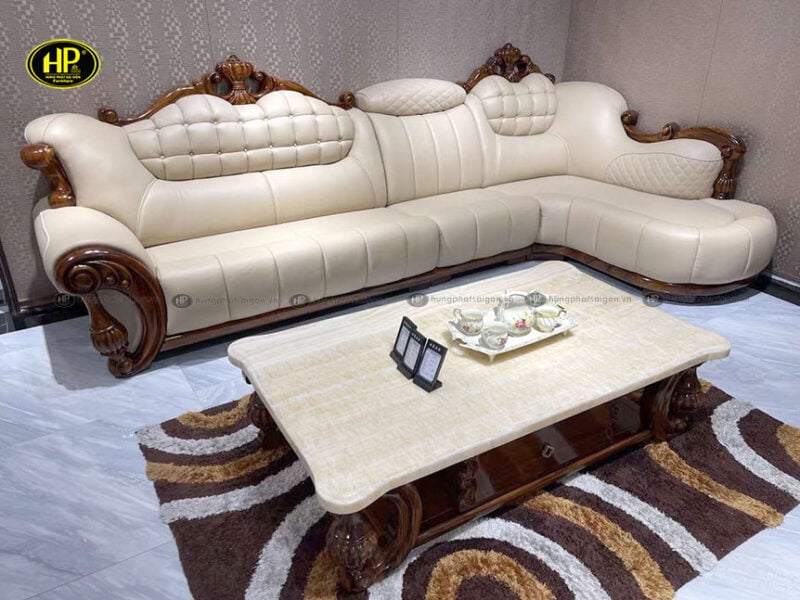 Ghế Sofa Góc L Gỗ Mun Da Bò Nhập Khẩu KU-888 màu trắng