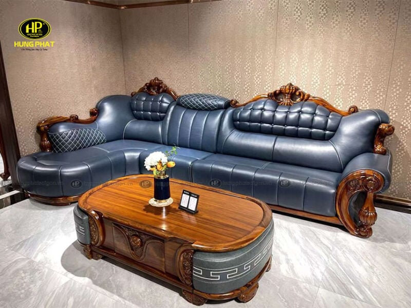 Ghế Sofa Góc L Gỗ Mun Da Bò Nhập Khẩu KU-888 màu xanh