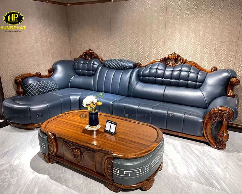 Ghế Sofa Góc L Gỗ Mun Da Bò Nhập Khẩu KU-888 màu xanh