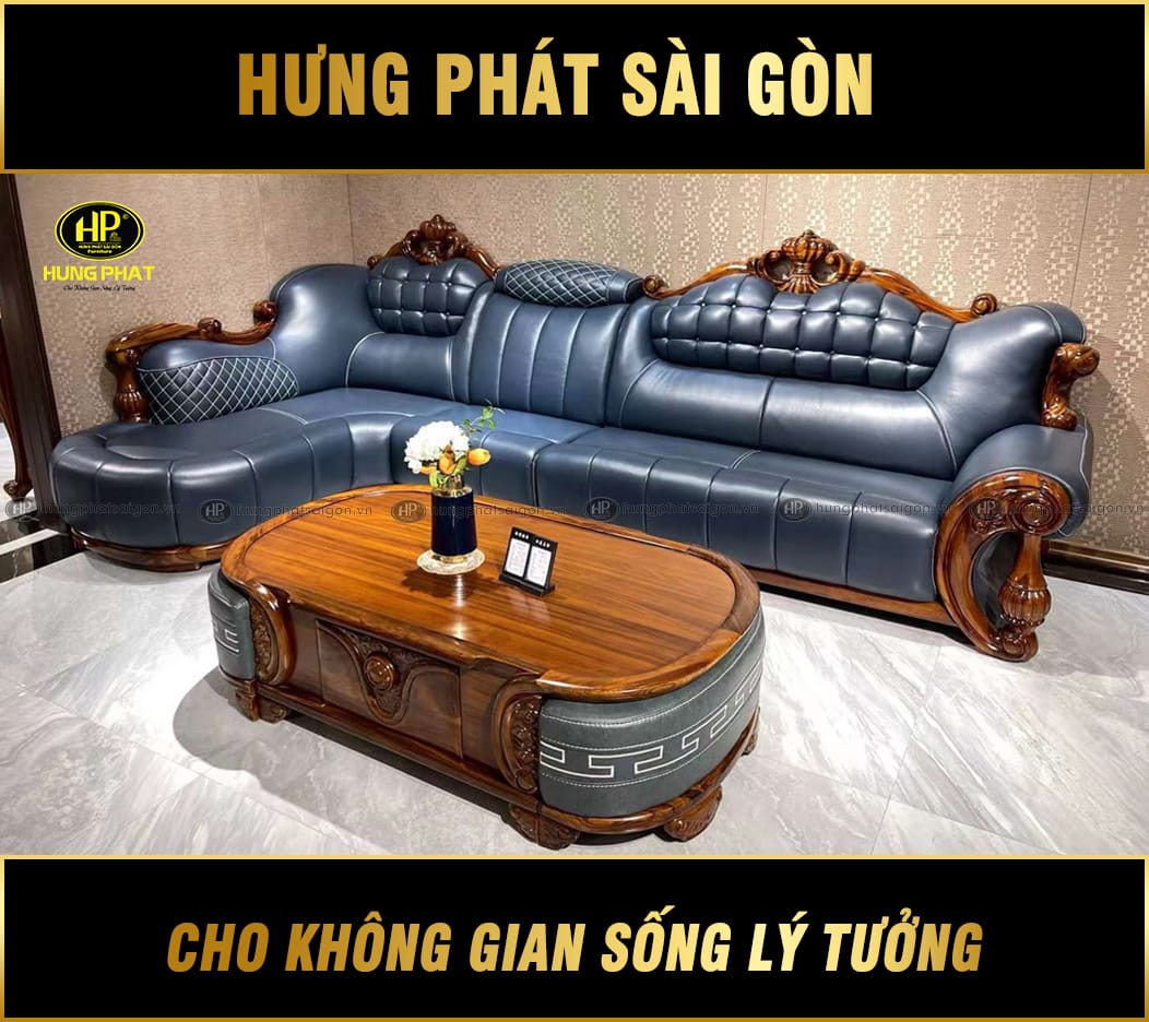 Ghế Sofa Góc L Gỗ Mun Da Bò Nhập Khẩu KU-888