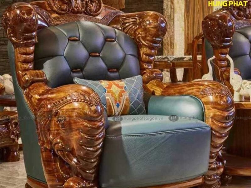 sofa tân cổ điển gỗ mun da bò KU-859