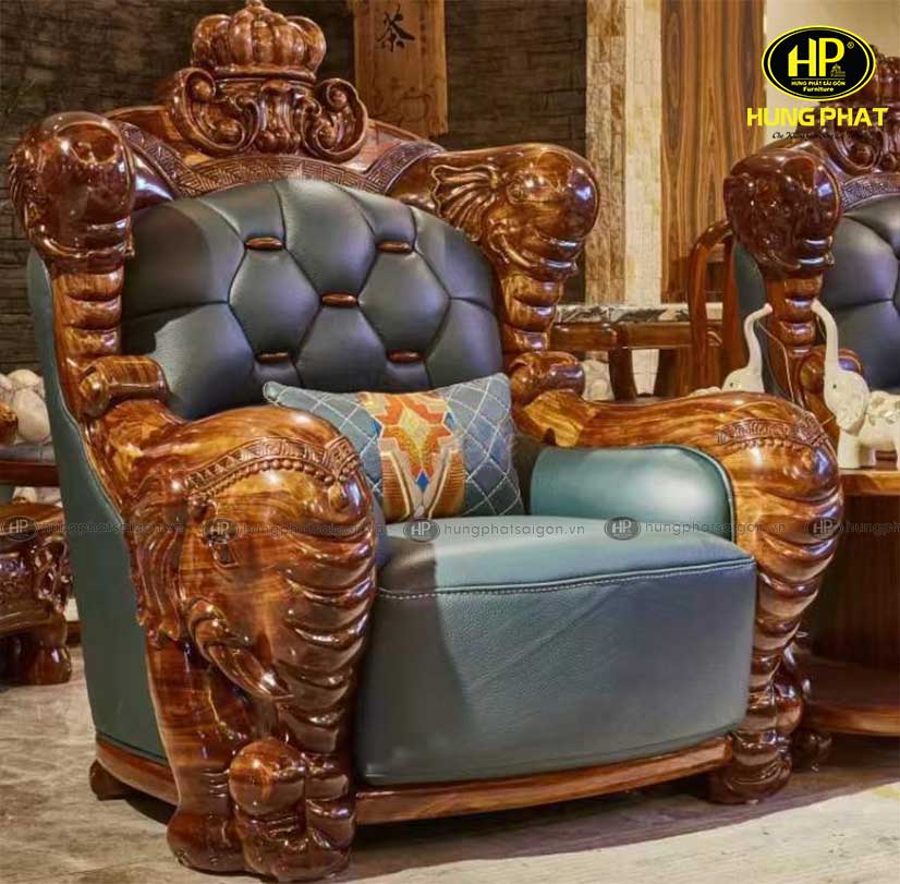 sofa tân cổ điển gỗ mun da bò KU-859