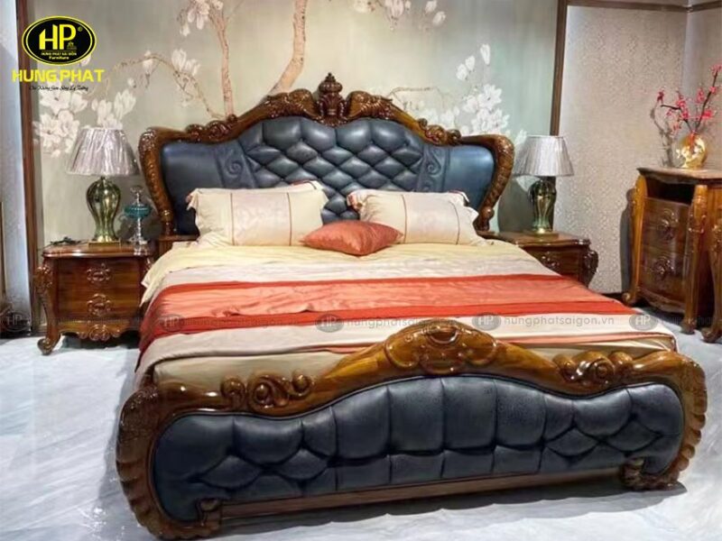 giường ngủ tân cổ điển da bò gỗ mun nhập khẩu G-E08