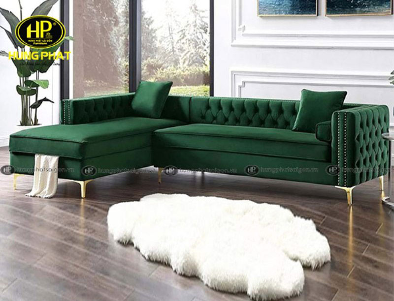 Sofa góc vải nhung xanh H-64