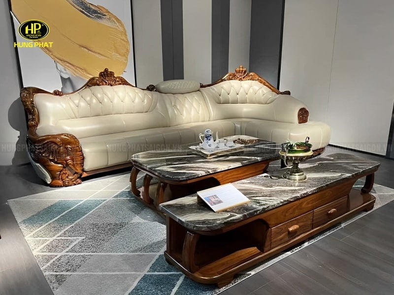 ghế sofa da bò gỗ mun ku-889