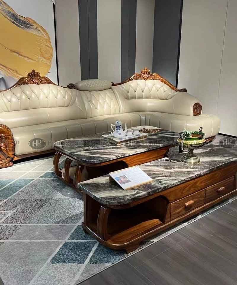 Ghế sofa gỗ mun da bò ý góc L nhập khẩu KU-889