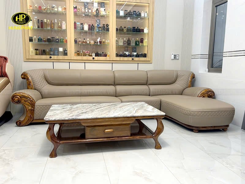 ghế sofa da bò ý viền gỗ mun nam phi wj166