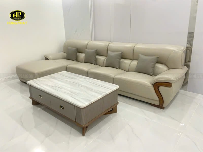 sofa da bò ý viền gỗ mun nam phi 8088