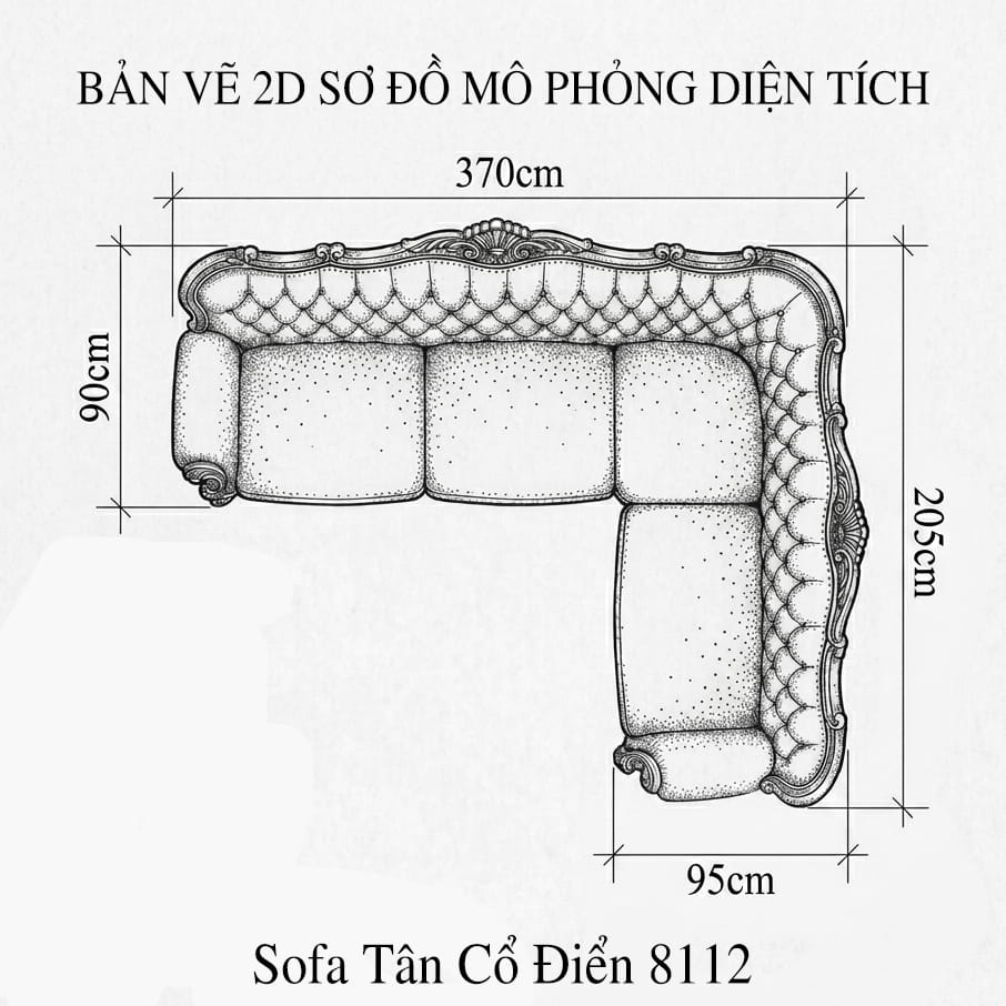 bản vẽ 2d sơ đồ mô phỏng diện tích mẫu sofa tân cổ điển 8112