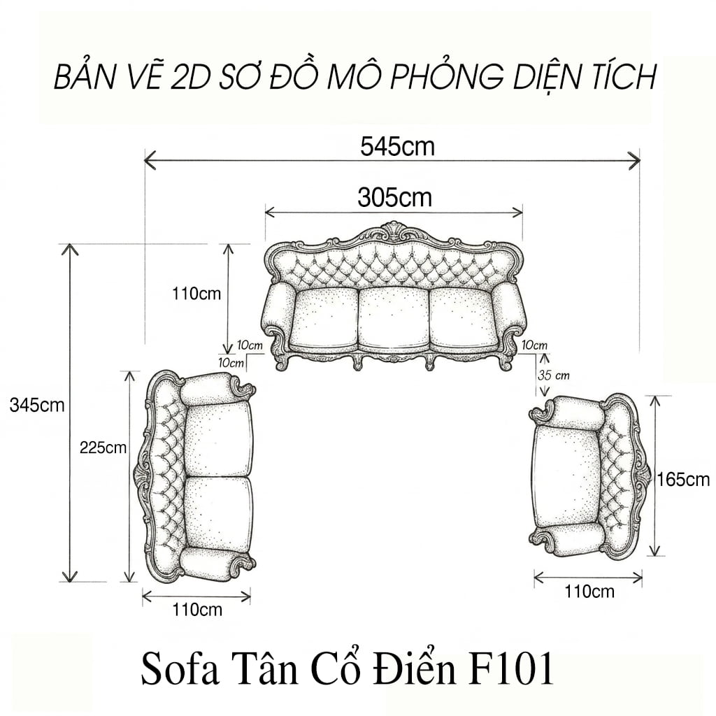 bản vẽ 2d sơ đồ mô phỏng diện tích mẫu sofa tân cổ điển f101