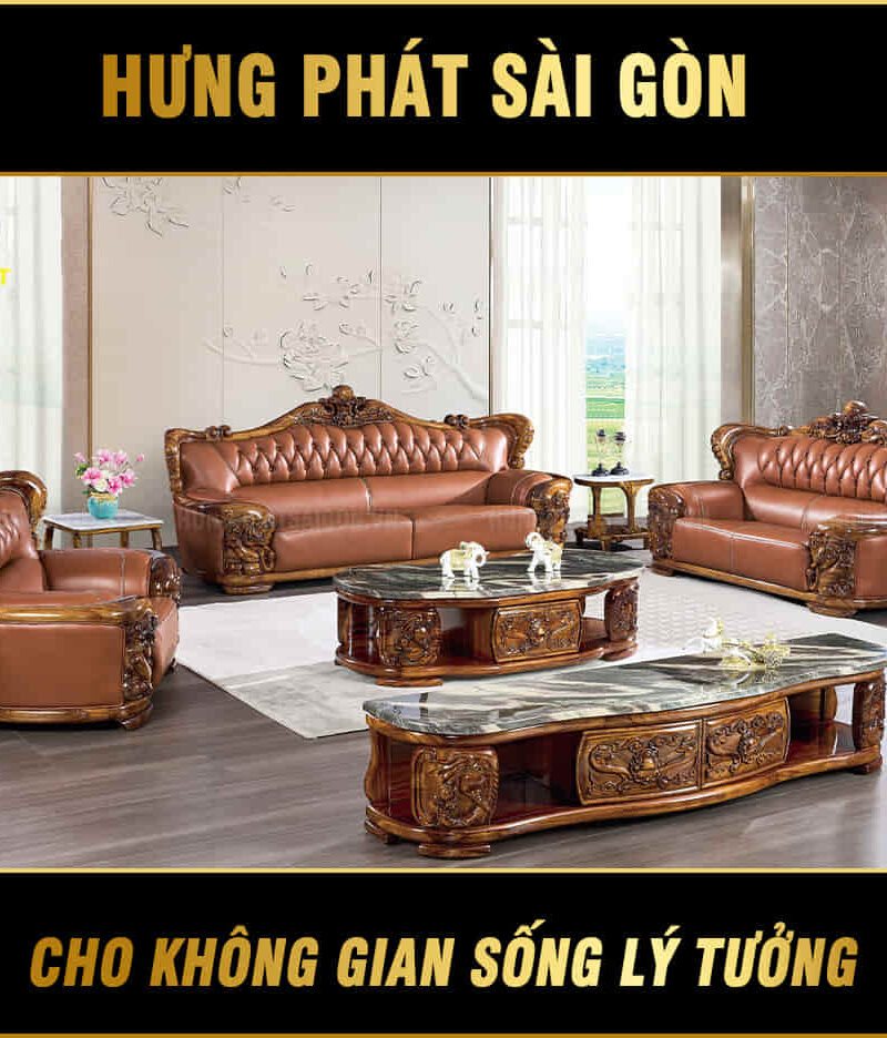 bộ sofa da bò ý viền gỗ mun f101