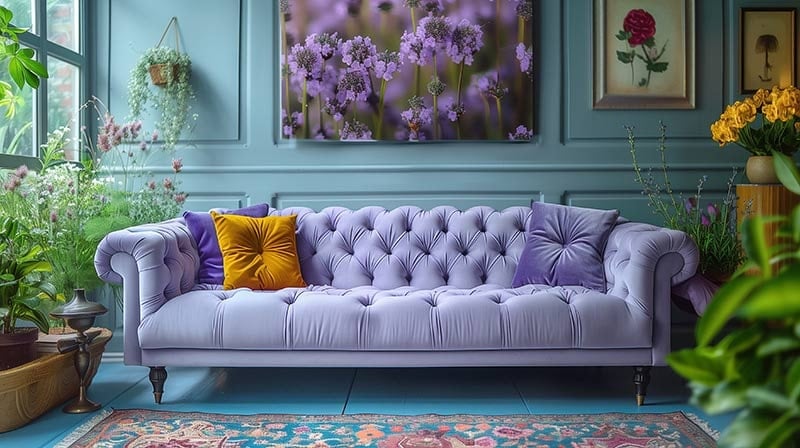 ghế sofa màu tím kết hợp với phụ kiện