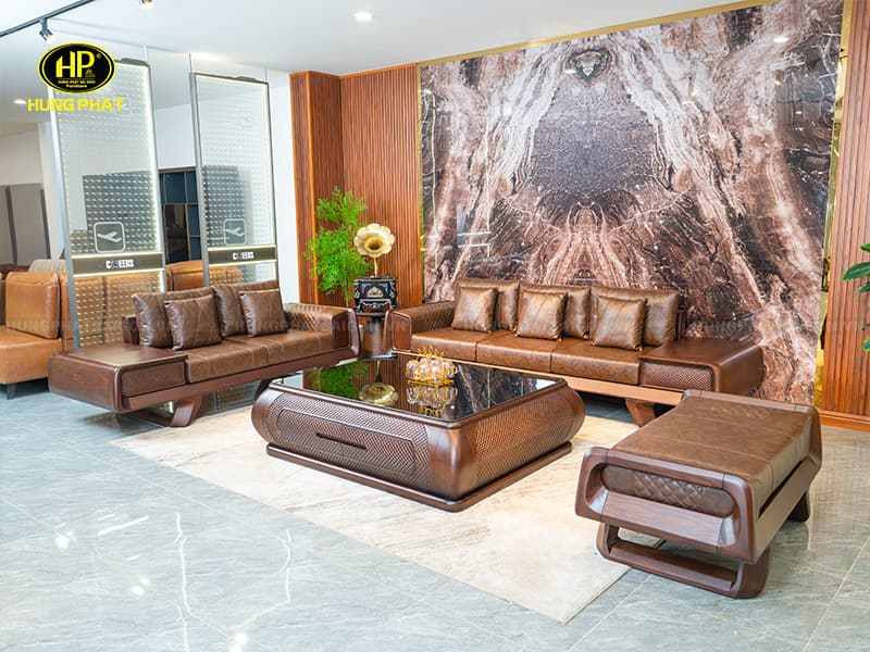 bộ sofa gỗ sồi da carola sơn inchem cao cấp sv-034